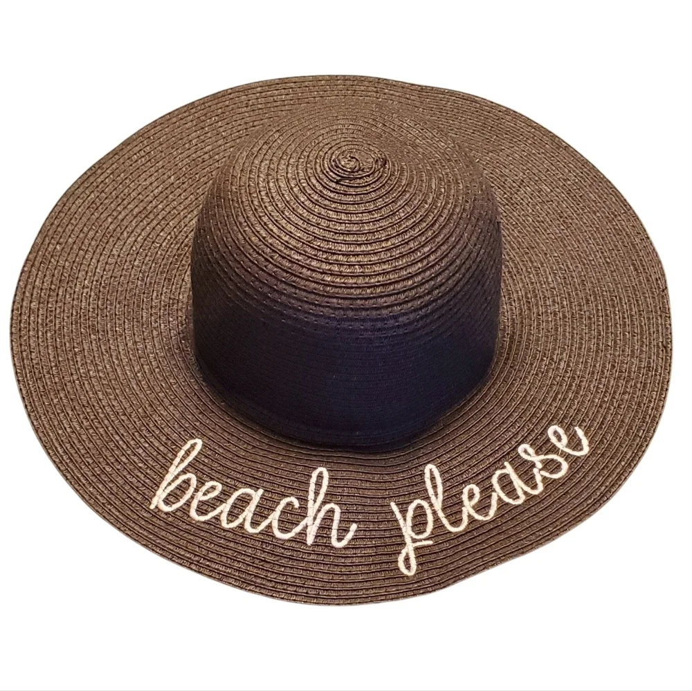 Oversized Floppy "Beach Please" Rafia Straw Sun Hat Wide Brim In Black One Size - Picture 1 of 4
